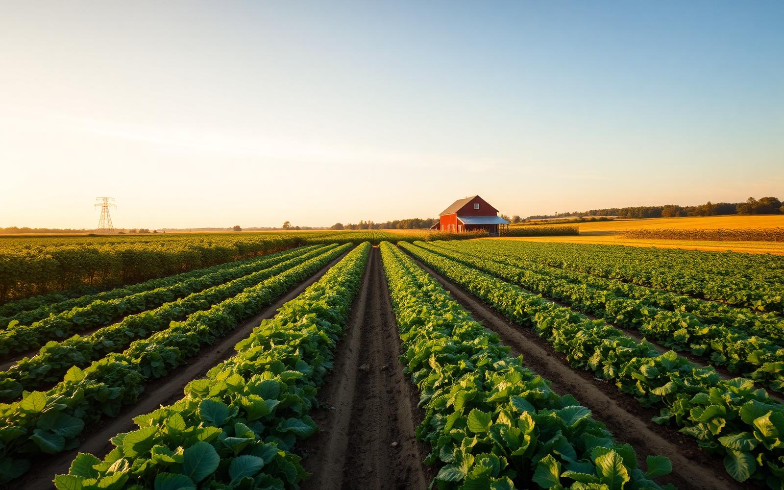 Sunlit local family farm field at golden hour