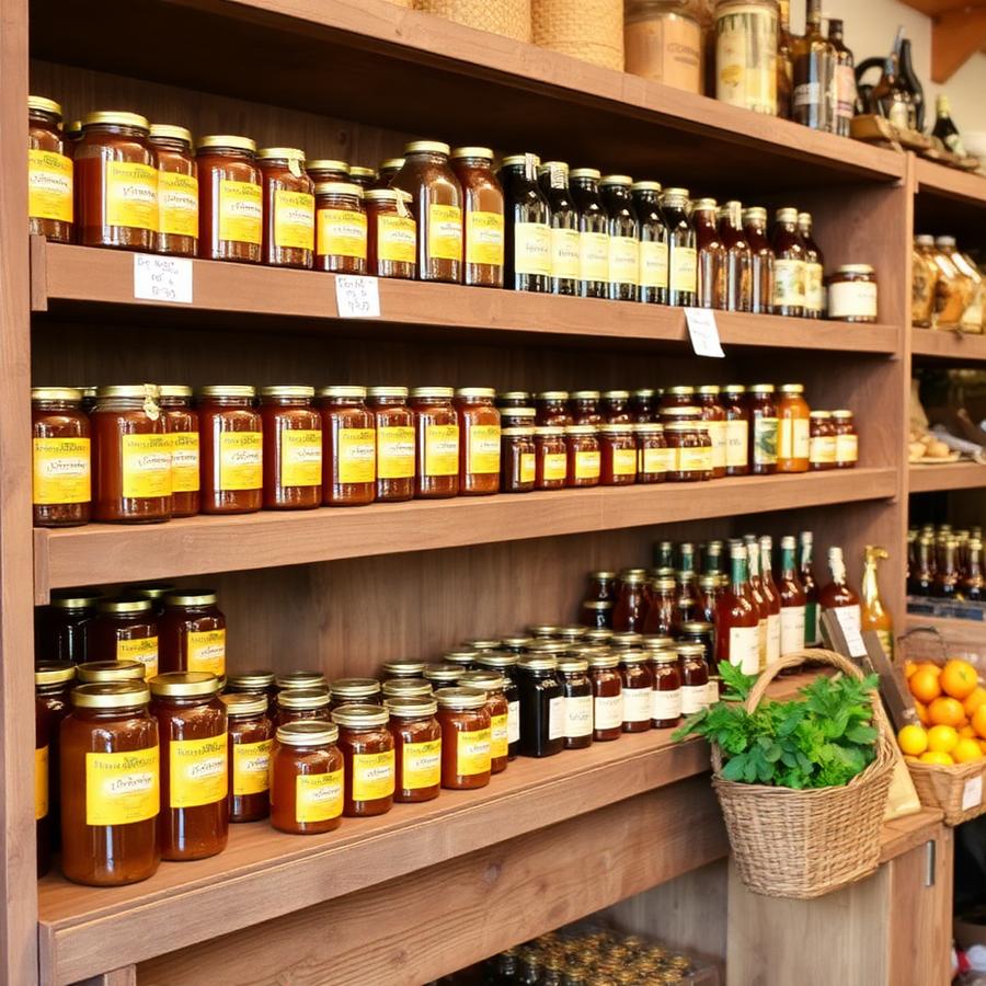 Shelves of local honey and preserves